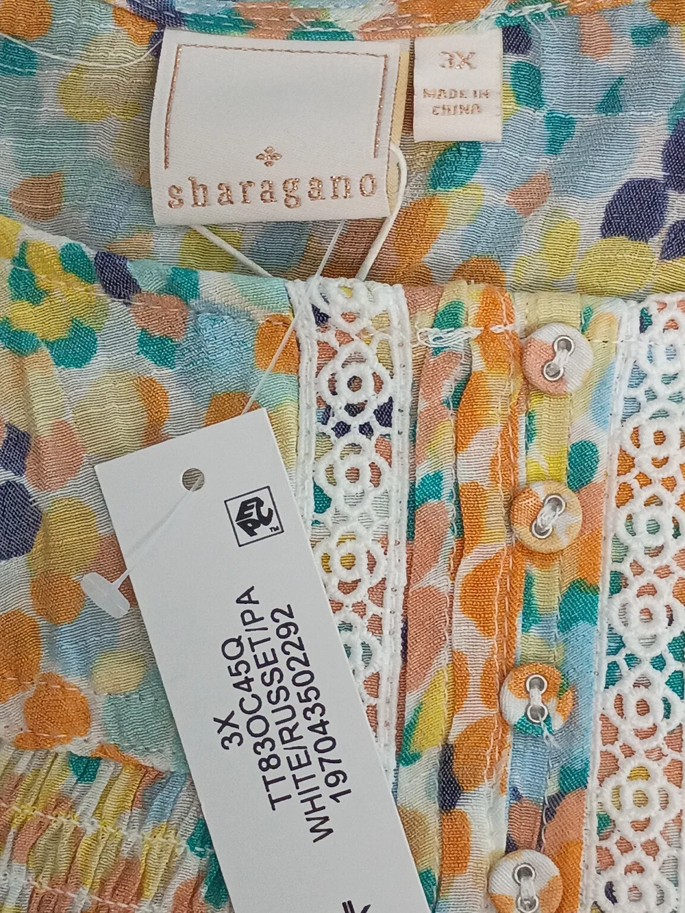 Sharagano White Blouse with Yellow, Teal & Blue Dot Print. MEW Women's 3X